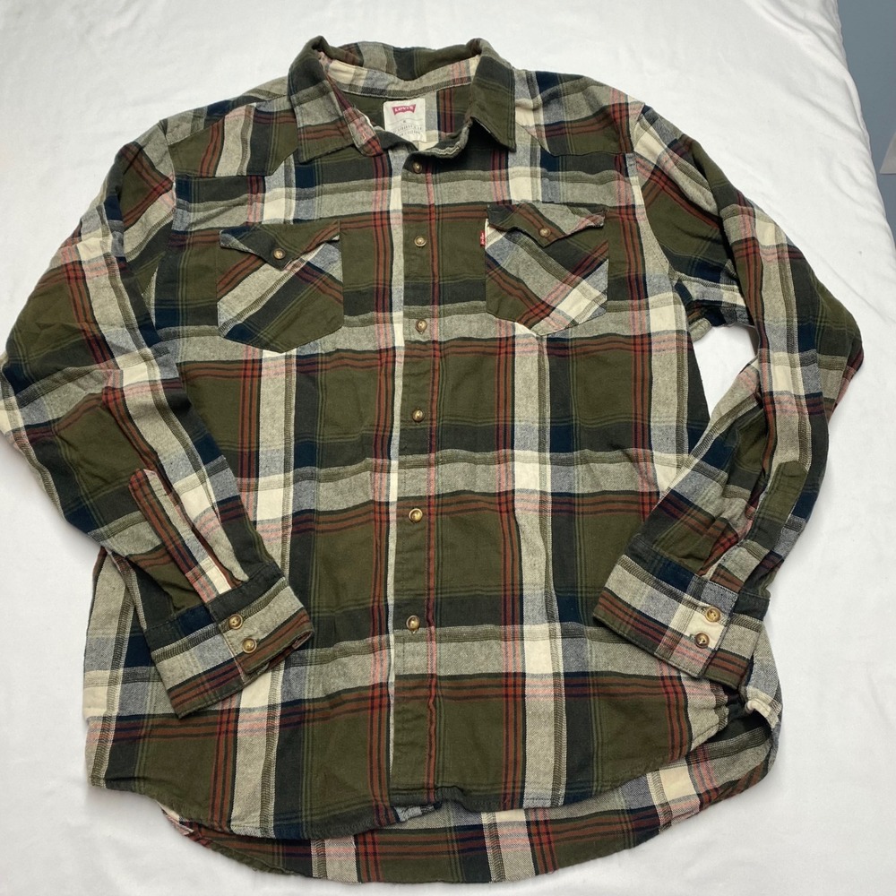 Levis Mens XL Green Plaid Western Flannel Shirt Long Sleeve Cotton